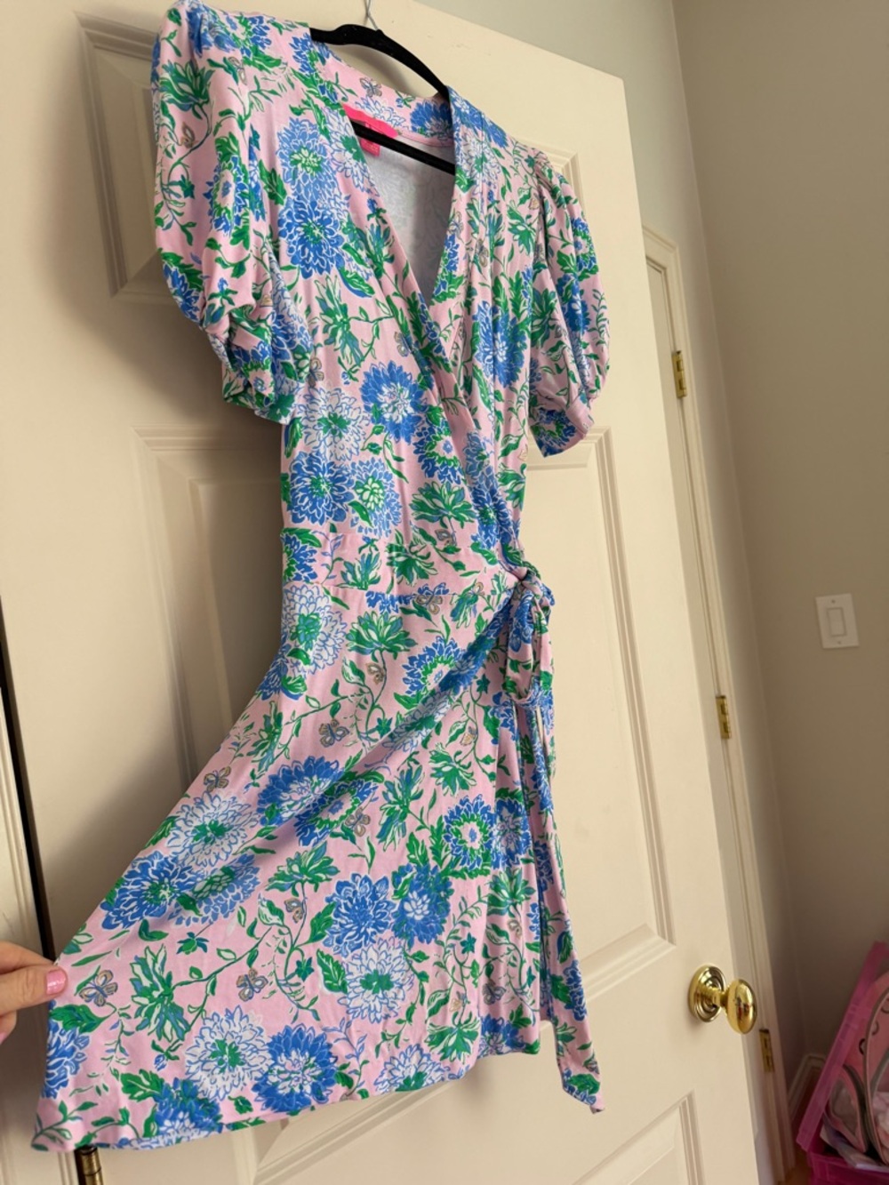 Lilly Pulitzer Pink Floral Wrap Dress with Blue & Green Blossoms